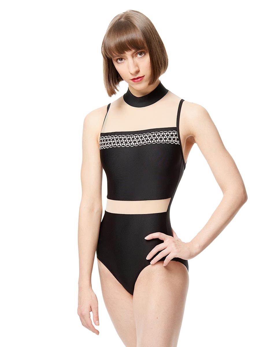 LUF589-women-embroidered-mesh-mock-neck-leotard-lia-lulli